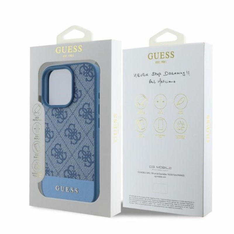 Guess 4G Bottom Stripe - dėklas skirtas iPhone 16 Pro Max (mėlynas)