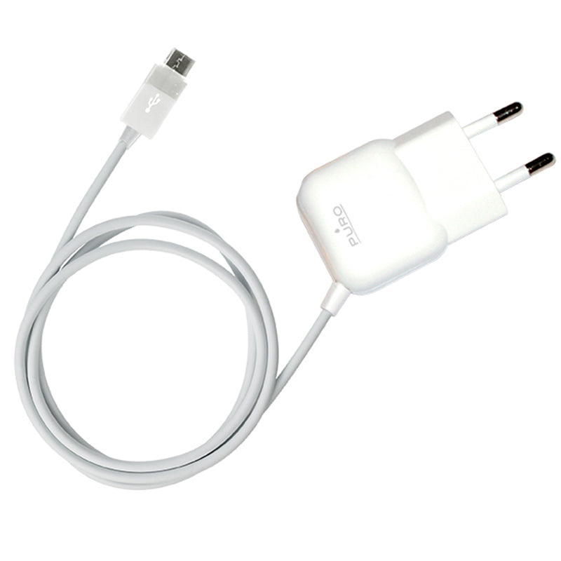 PURO mini kelioninis įkroviklis – nešiojamasis sieninis įkroviklis su mikro USB laidu (baltas)