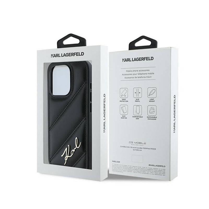 Karl Lagerfeld Diagonal Quilted Script – dėklas iPhone 15 Pro (juodas)