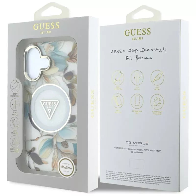 Guess Glitter Flowers Triangle Buttons MagSafe – Dėklas, skirtas iPhone 16 (baltas)
