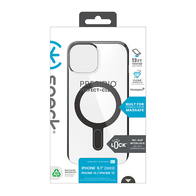 Speck Presidio Perfect-Clear ClickLock ir MagSafe dėklas – iPhone 17e / 16e / 15 / 14 / 13 (Skaidrus / Matinis juodas / Plokščių pilkas)