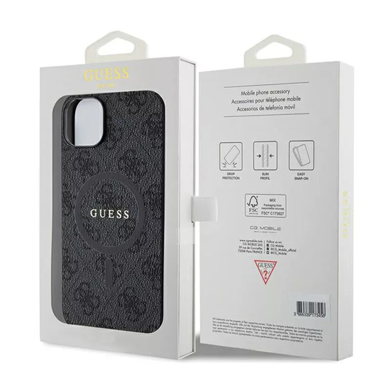 Guess 4G Collection Leather Metal Logo MagSafe – dėklas „iPhone 15/14/13“ (juodas)