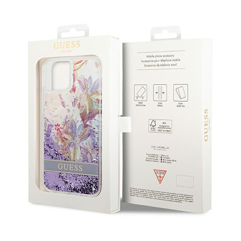 Guess Liquid Glitter Flower – Dėklas, skirtas „iPhone 14 Plus“ (violetinis)