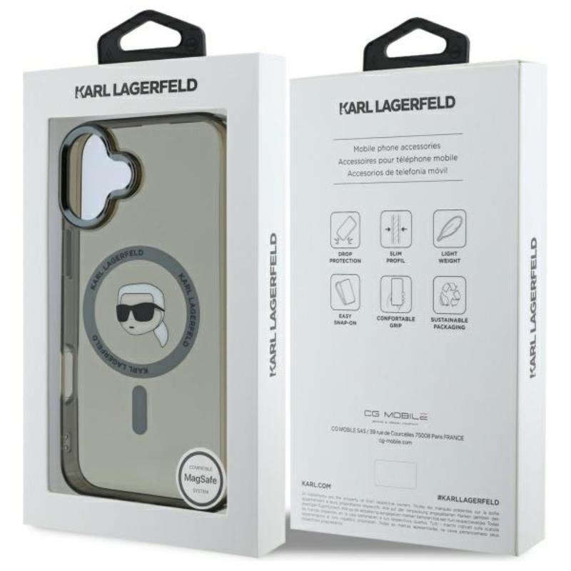 Karl Lagerfeld IML Metal Karl Head MagSafe – dėklas, skirtas iPhone 16 (juodas)