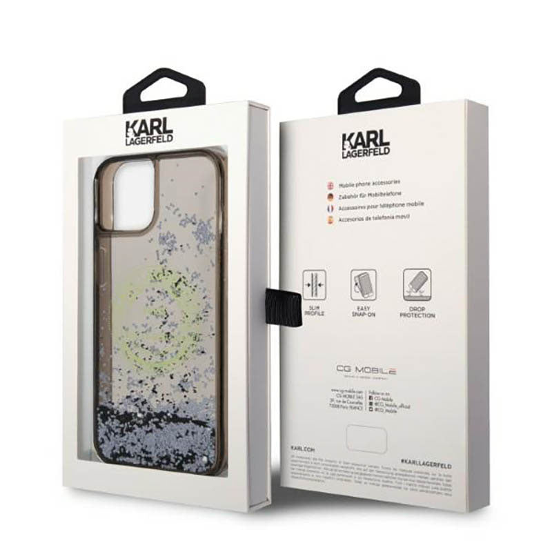 Karl Lagerfeld dėklas "Liquid Glitter Round RSG Logo" – dėklas skirtas iPhone 14 (Juodas)
