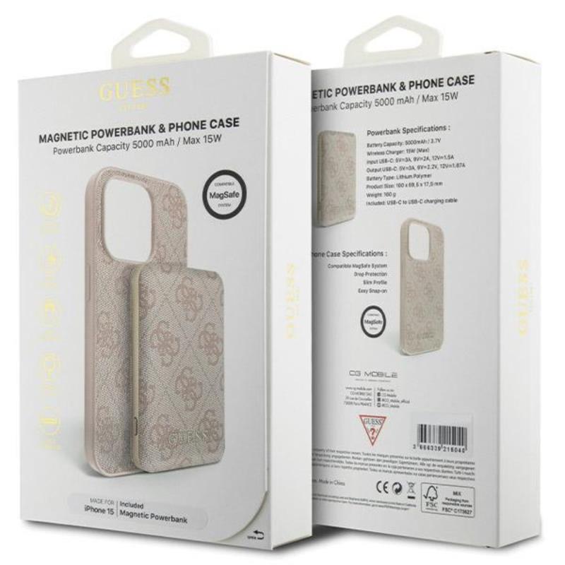 Guess Bundle Pack MagSafe 4G metalo auksinis logotipas – dėklo rinkinys + 5000 mAh MagSafe Power Bankas iPhone 15 (rožinis)