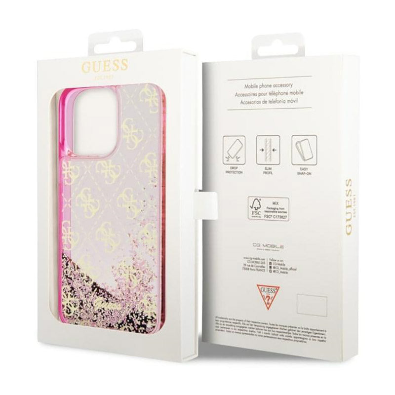 Guess Liquid Glitter Transculent 4G – iPhone 14 Pro Max dėklas (rožinis)