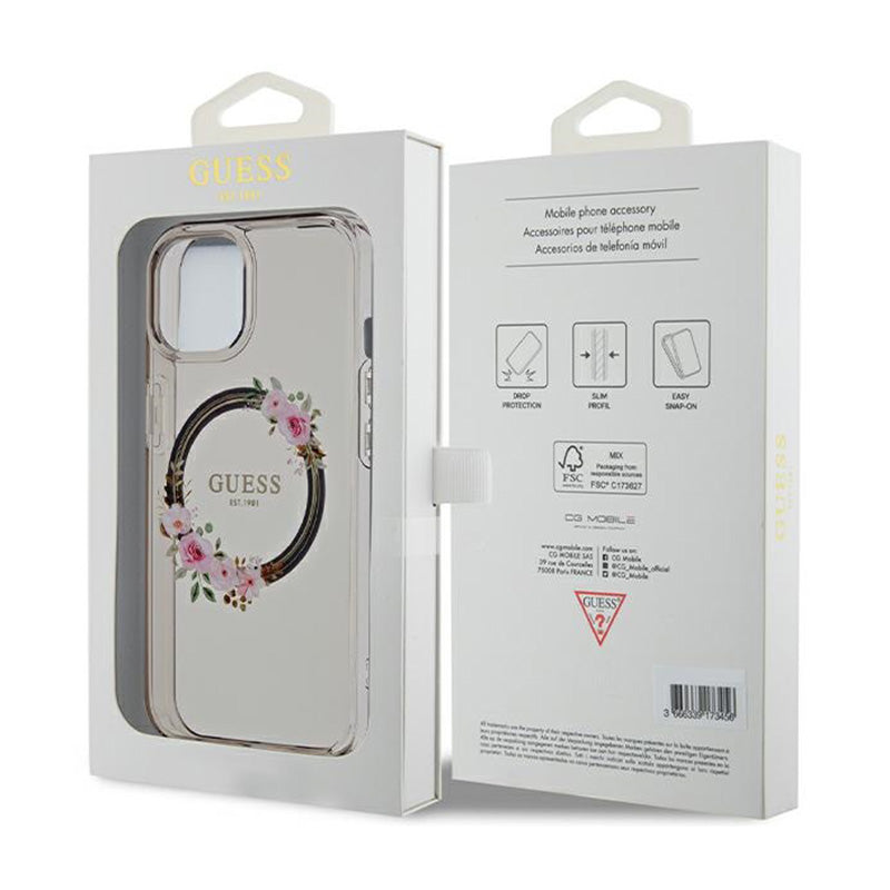 Guess IML Gėlių vainikas MagSafe – dėklas iPhone 15 (juodas)