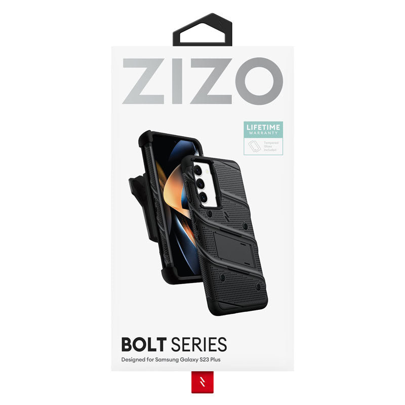 ZIZO BOLT serija – šarvuotas dėklas, skirtas Samsung Galaxy S23+ su 9H stiklu ekranui + laikiklis su stovu (juodas)