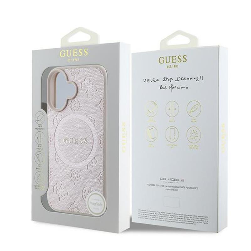 Guess Saffiano Peony Classic Logo MagSafe – dėklas iPhone 16 Plus (rožinis)