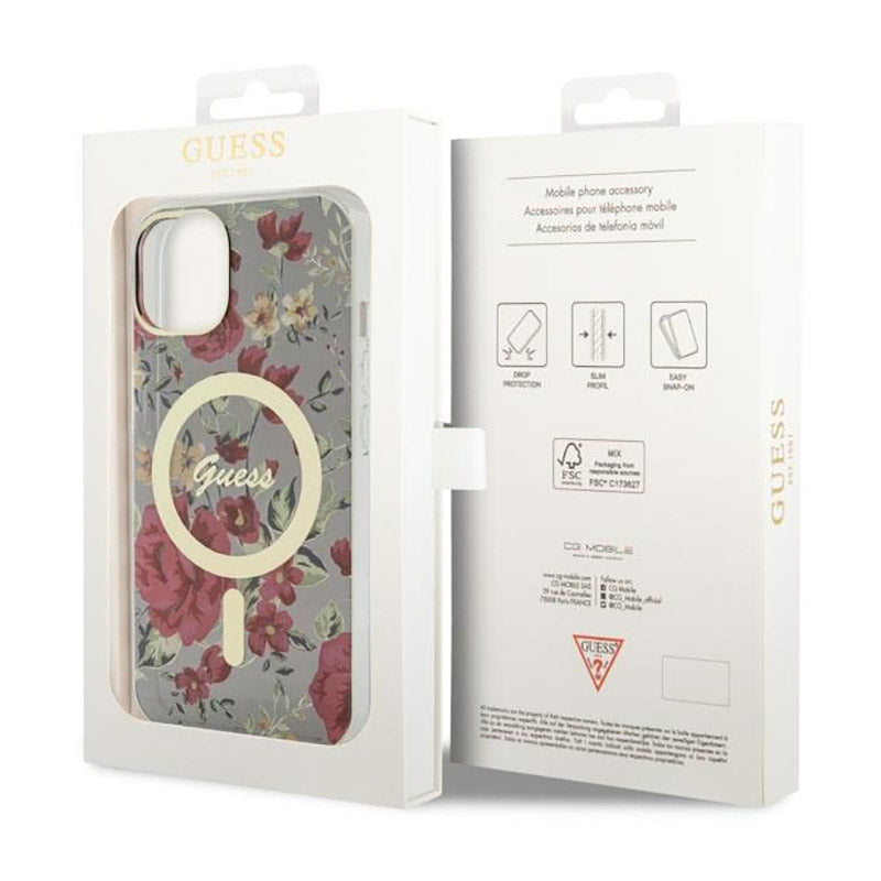 Guess Flower MagSafe – dėklas, skirtas iPhone 14 Plus (žalias)
