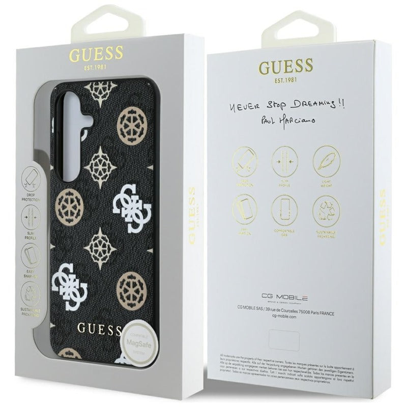 Guess 4G spausdintas spalvotas bijūnų rašto MagSafe dėklas, skirtas Samsung Galaxy S25 (juodas)