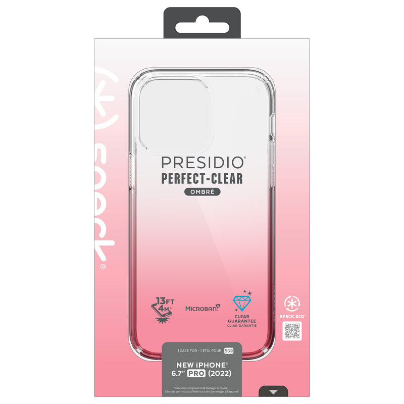 Speck Presidio Perfect-Clear + Ombre dėklas iPhone 14 Pro Max telefonui su MICROBAN danga (Skaidrus / Vintage Rose Fade)
