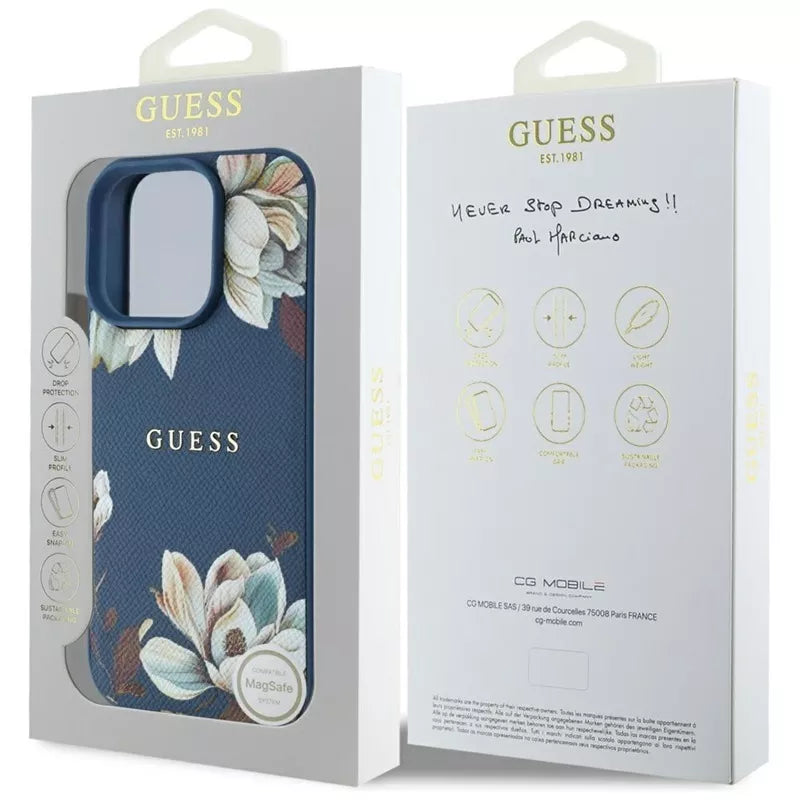 Guess Grained Printed Flower Pattern MagSafe - dėklas, skirtas iPhone 16 Pro (mėlynas)