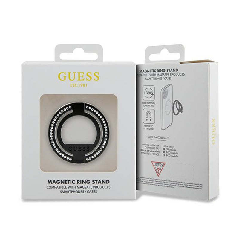 Guess MagSafe žiedo stovas su kristalais – magnetinis piršto laikiklis telefonui su stovo funkcija (juoda)