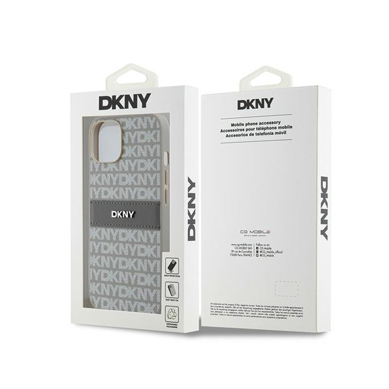 DKNY Odinis Monogram Juostelė ir Metalinis Logotipas - „iPhone 14“ / 15 / 13 Dėklas (smėlio spalvos)