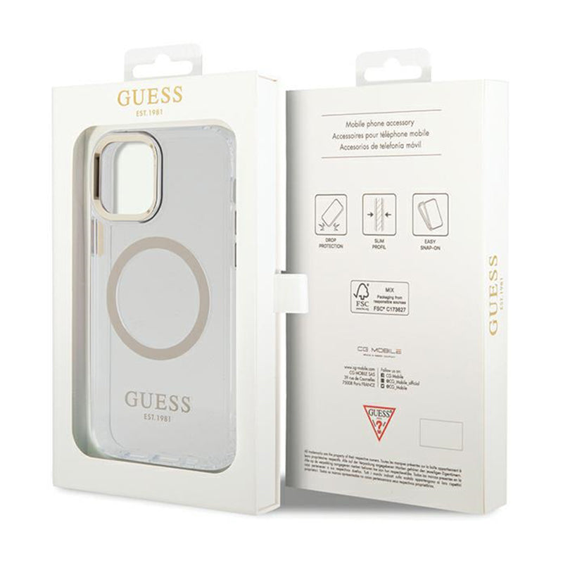 Guess Metal Outline MagSafe – dėklas skirtas iPhone 12 / iPhone 12 Pro (permatomas / auksinis)