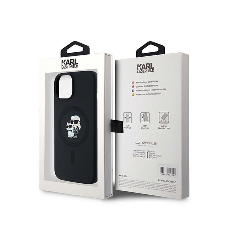 Karl Lagerfeld Silicone Karl & Choupette MagSafe - dėklas iPhone 15 Plus / 14 Plus (juodas)