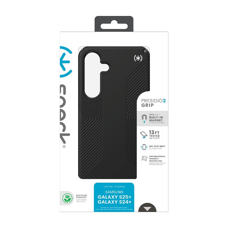 Speck Presidio2 Grip Magnet - Samsung Galaxy S25+ / 24+ MagSafe dėklas (Juoda/Skalbinių Pilka/Balta)