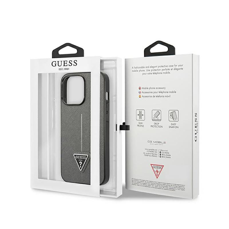 Guess Saffiano Triangle Logo dėklas – dėklas, skirtas iPhone 14 Pro (sidabrinis)