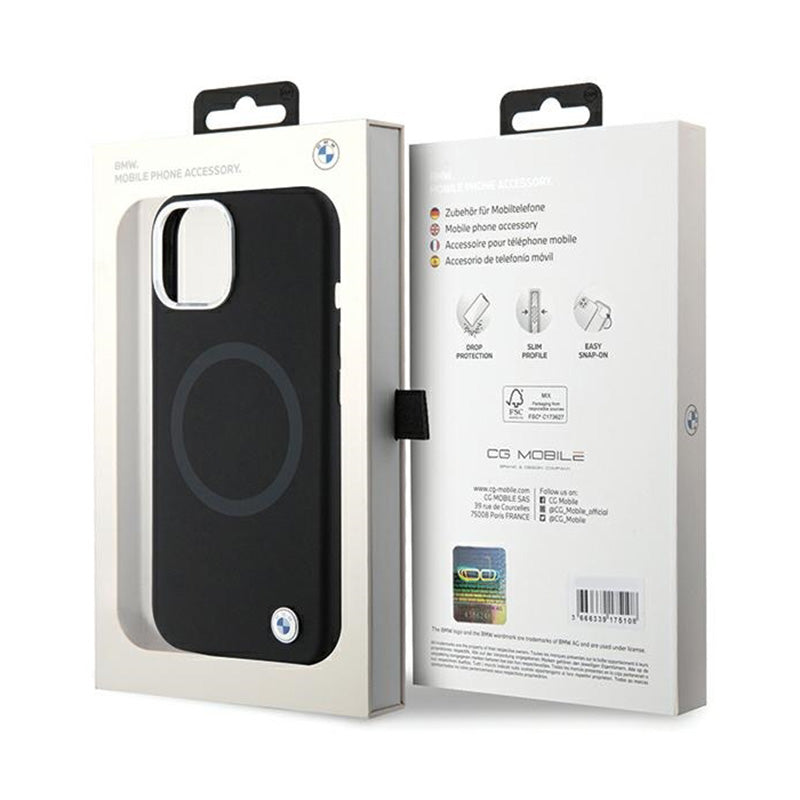 BMW Signature skystas silikonas su MagSafe – dėklas skirtas iPhone 15 Plus (juodas)