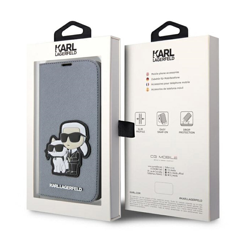 Karl Lagerfeld Booktype NFT Saffiano Karl & Choupette - dėklas skirtas iPhone 14 Pro (sidabrinis)
