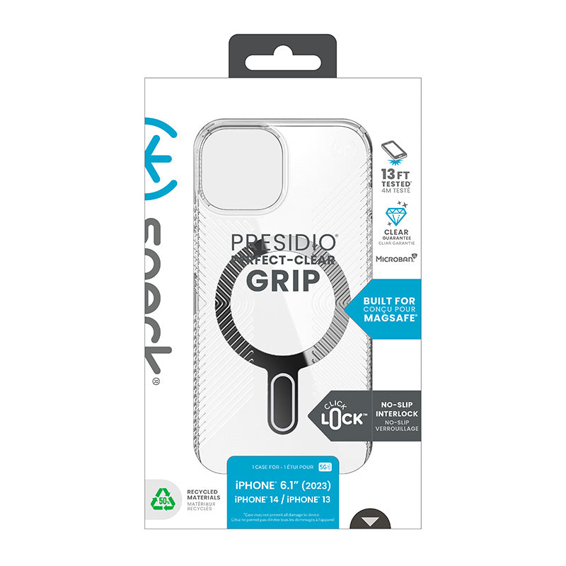 Speck Presidio Perfect-Clear Grip ClickLock & MagSafe dėklas – iPhone 17e / 16e / 15 / 14 / 13 (Skaidrus / chromo apdaila / Serene Silver)