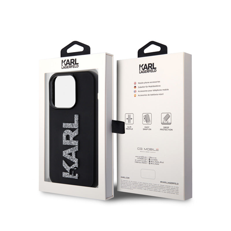 Karl Lagerfeld 3D guminis logotipas su blizgučiais – dėklas skirtas iPhone 15 Pro (juodas)
