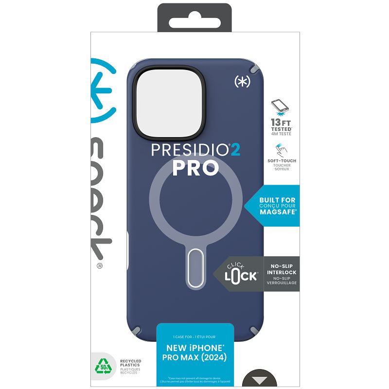 Speck Presidio2 Pro ClickLock ir MagSafe dėklas „iPhone 16 Pro Max“ (Coastal Blue / Dust Gray / White)
