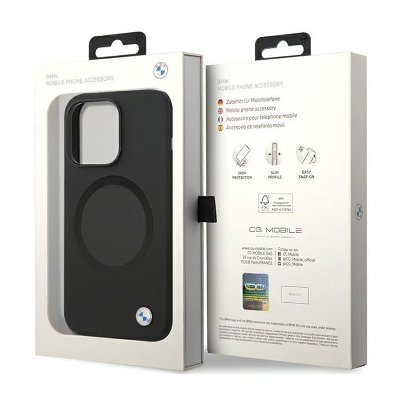 BMW Signature Liquid Silicone MagSafe dėklas, skirtas iPhone 14 Pro Max (juodas)