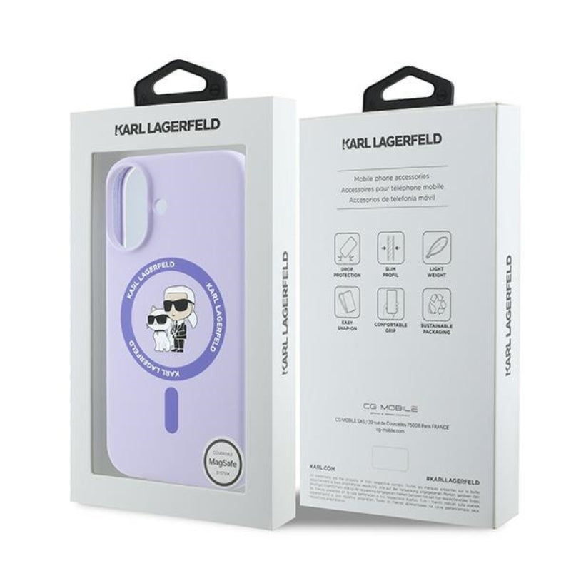 Karl Lagerfeld Silikoninis dėklas su Karl & Choupette ir MagSafe žiedu - iPhone 16 Plus (violetinis)