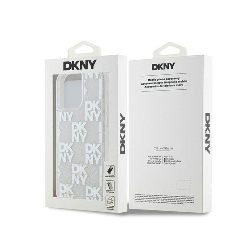 DKNY Liquid Glitter Multilogo – dėklas iPhone 15 Pro Max (baltas)