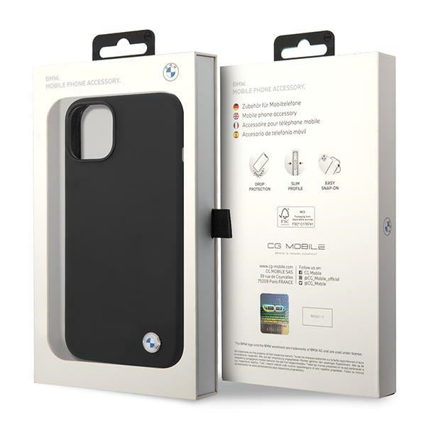 BMW silikoninis dėklas su metaliniu logotipu iPhone 14 Plus (juodas)