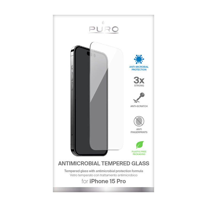 PURO Anti-Bacterial grūdintas stiklas – grūdintas apsauginis stiklas su antimikrobine apsauga, skirtas iPhone 15 Pro