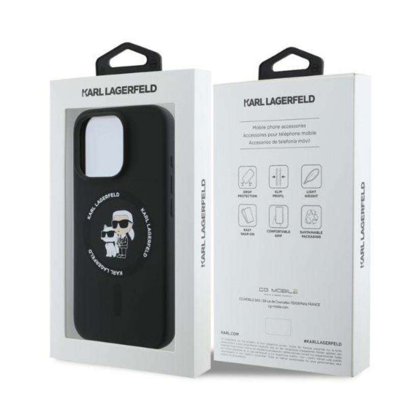 Karl Lagerfeld Silikoninis Karl & Choupette Žiedas MagSafe dėklas iPhone 16 Pro Max (juodas)
