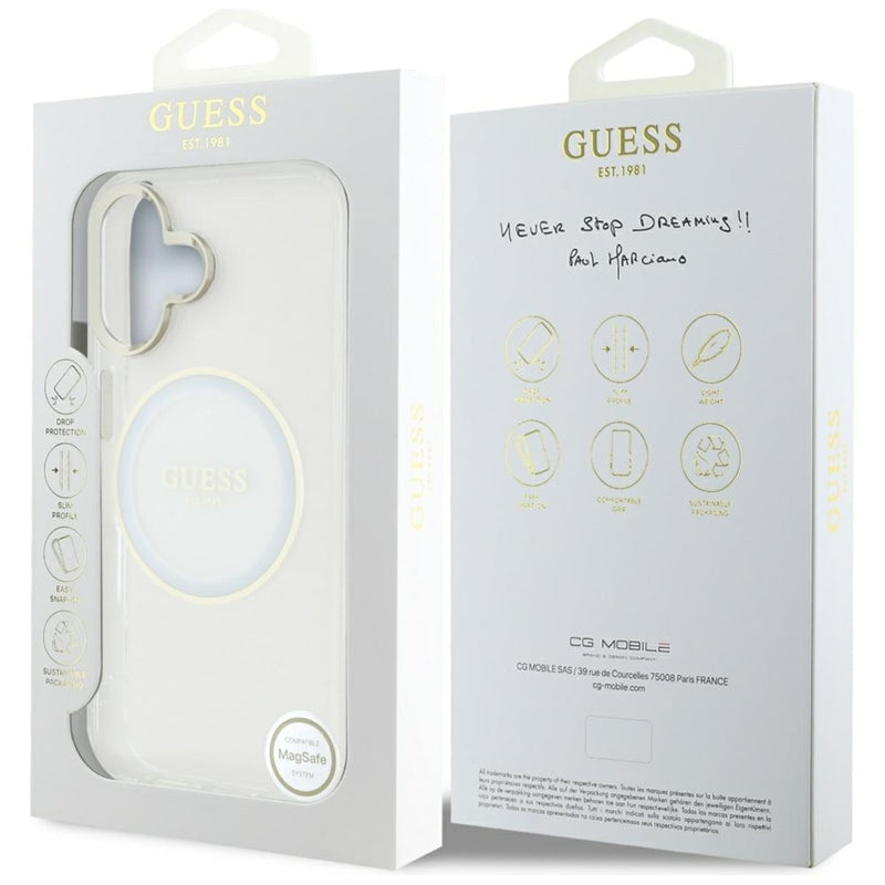 Guess IML Metal Colored Circle Classic Logo MagSafe – dėklas, skirtas „iPhone 16“ (baltas)