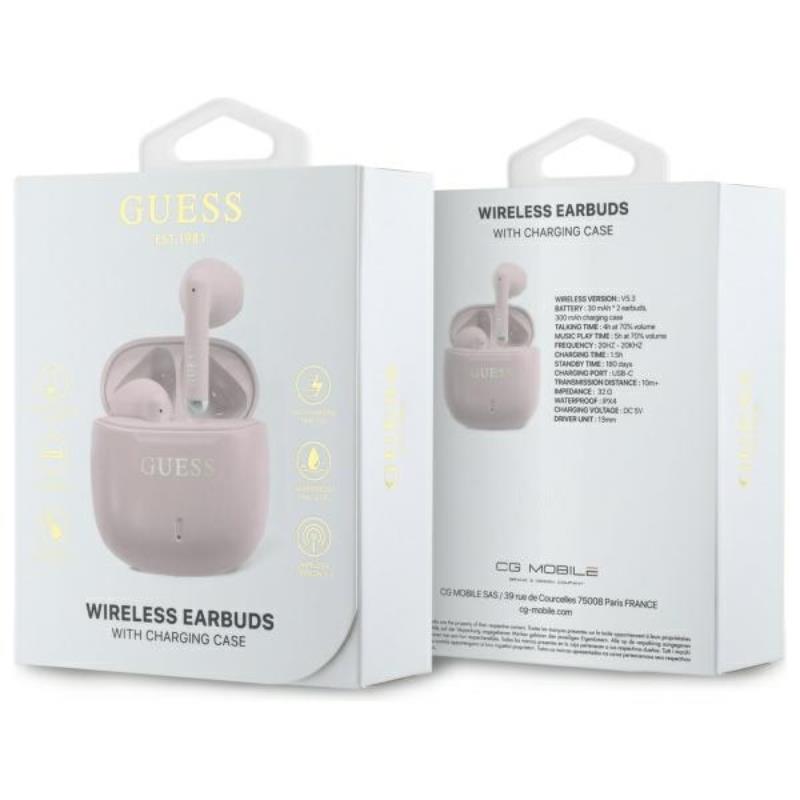 Guess spausdintas klasikinis logotipas – „Bluetooth“ TWS ausinės su įkrovimo dėklu (rožinės)
