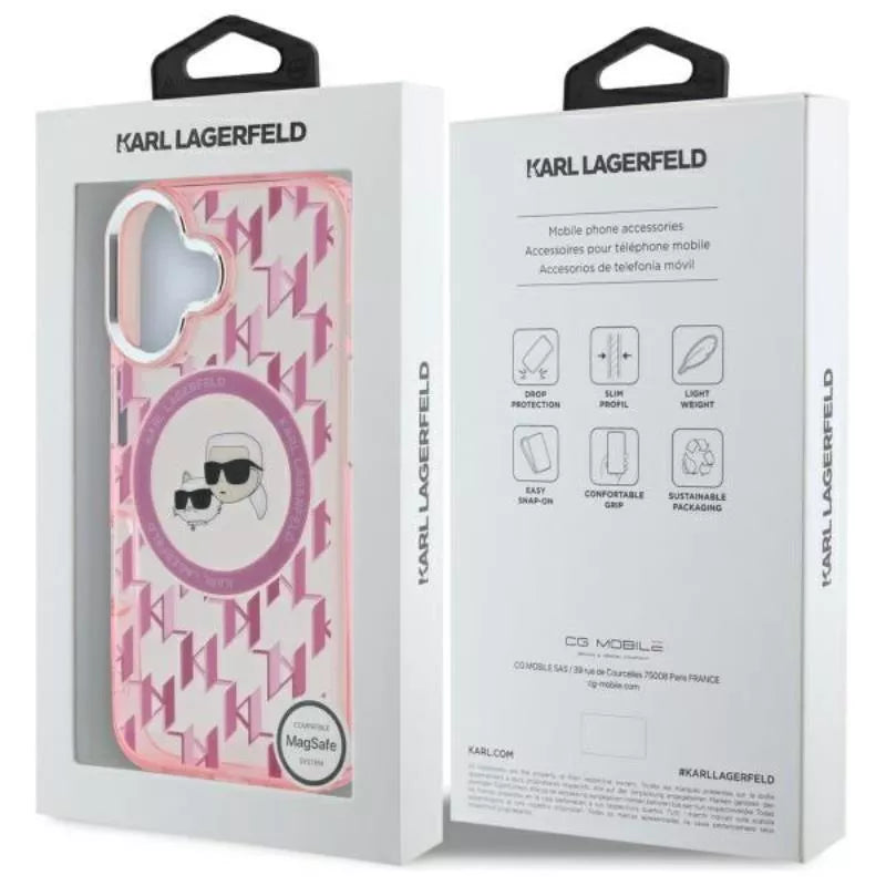 Karl Lagerfeld IML Monograma Karl ir Choupette Galva MagSafe Dėklas iPhone 16 (rožinė)