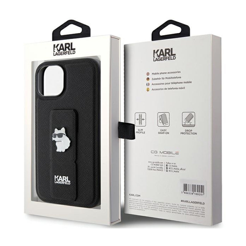 Karl Lagerfeld Gripstand Saffiano Choupette Pins – „iPhone 15 Plus“ dėklas (juodas)