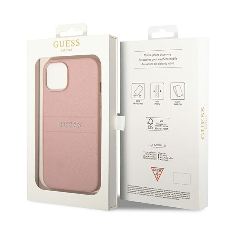 Guess Saffiano Metal Logo Stripes – dėklas, skirtas iPhone 14 Plus (rožinis)