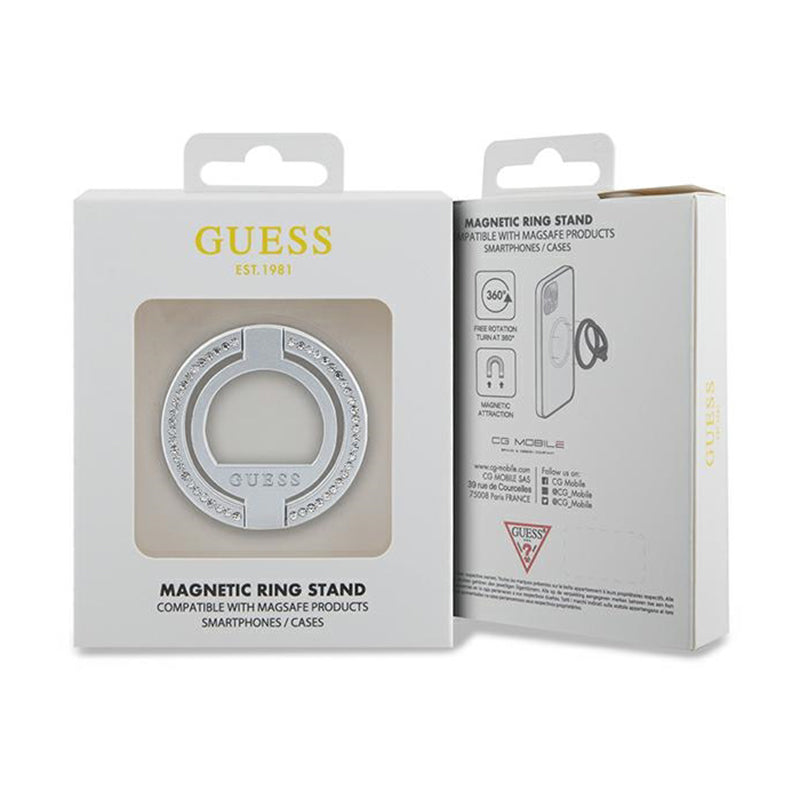 Guess MagSafe žiedo stovas su cirkoniais – magnetinis telefono laikiklis su stovo funkcija (sidabrinis)