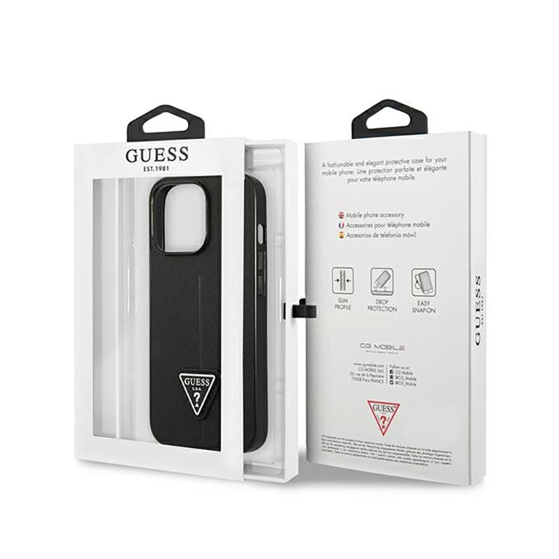 Guess Saffiano trikampio logotipo dėklas – dėklas, skirtas „iPhone 14 Pro“ (juodas)