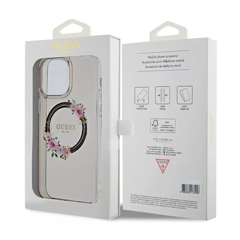 Guess IML Flowers Wreath MagSafe – dėklas iPhone 15 Pro Max (juodas)