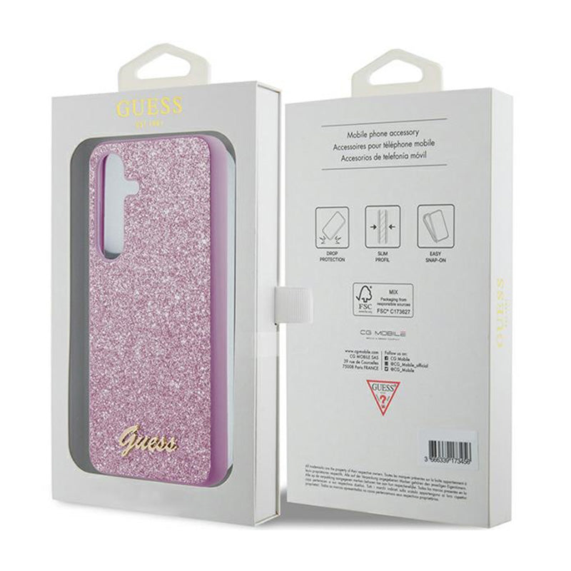 Guess Glitter Flakes Metal Logo dėklas – dėklas, skirtas Samsung Galaxy S24 (violetinė)