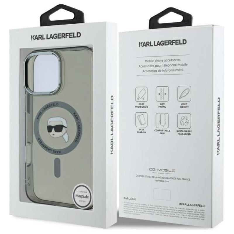 Karl Lagerfeld IML Metal Karl Head MagSafe – „iPhone 16 Pro“ dėklas (juodas)