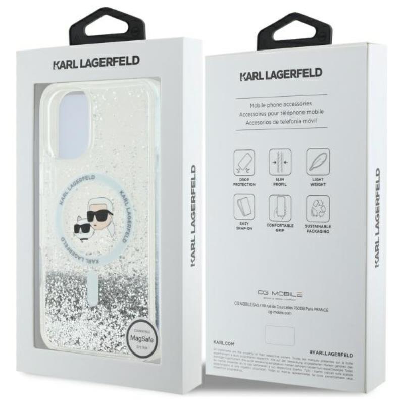 Karl Lagerfeld skysto blizgučio „Karl & Choupette Head MagSafe“ – „iPhone 16“ dėklas (skaidrus)