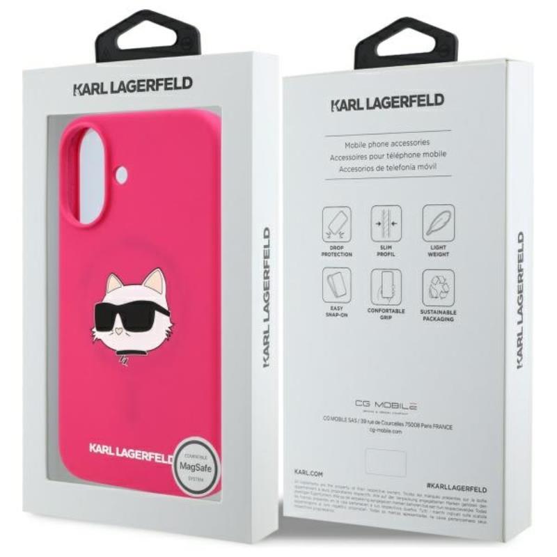 Karl Lagerfeld Silicone Choupette Head Print MagSafe – dėklas, skirtas iPhone 16 (fuksijos spalvos)