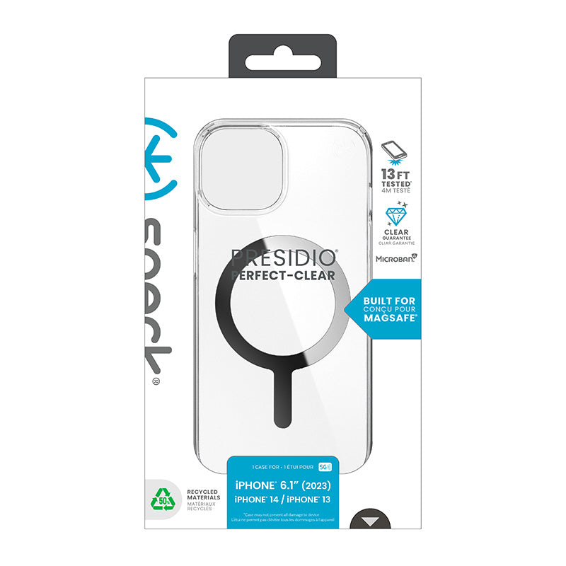 Speck Presidio Perfect-Clear MagSafe dėklas – iPhone 17e / 16e / 15 / 14 / 13 (Skaidrus / Chromo apdaila / Serene Silver)
