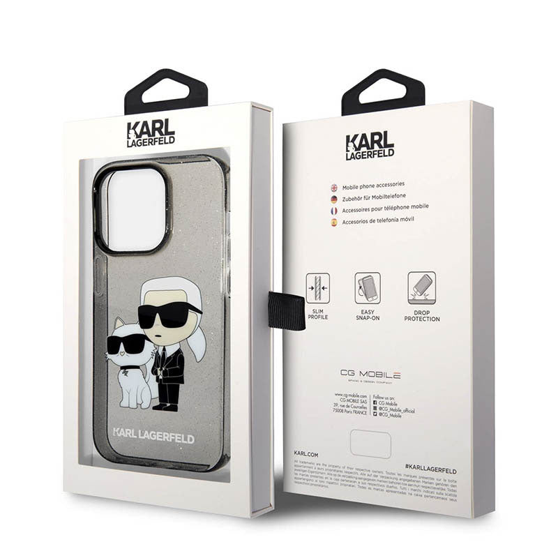 Karl Lagerfeld IML Glitter NFT Karl & Choupette – dėklas iPhone 14 Pro (juodas)