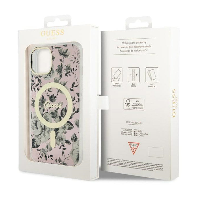 Guess Flower MagSafe – Dėklas, skirtas iPhone 14 Plus (rožinis)